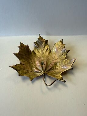 Heavy Bronze Maple Leaf Decorative Dish Covered in Gold Signed Table Art.